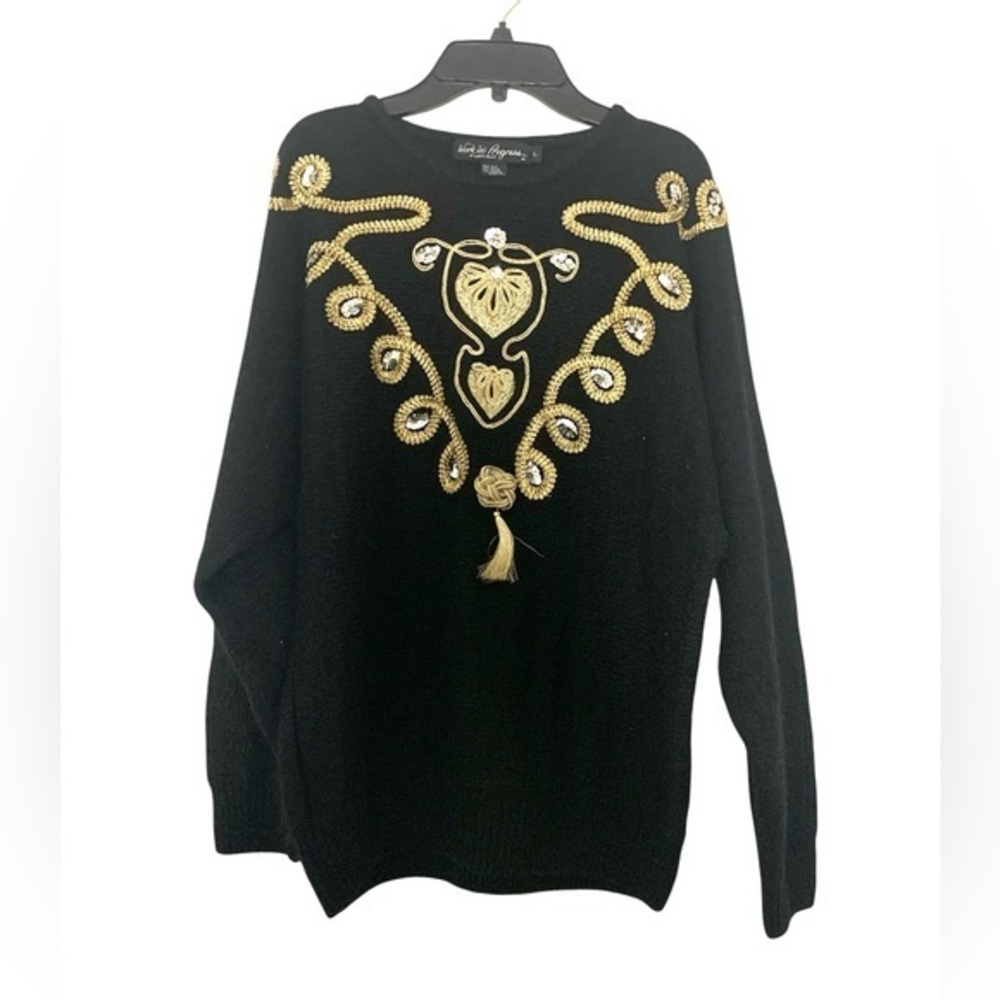New Vintage Work in Progress Silk Angora Sweater Embelished Black Gold Large